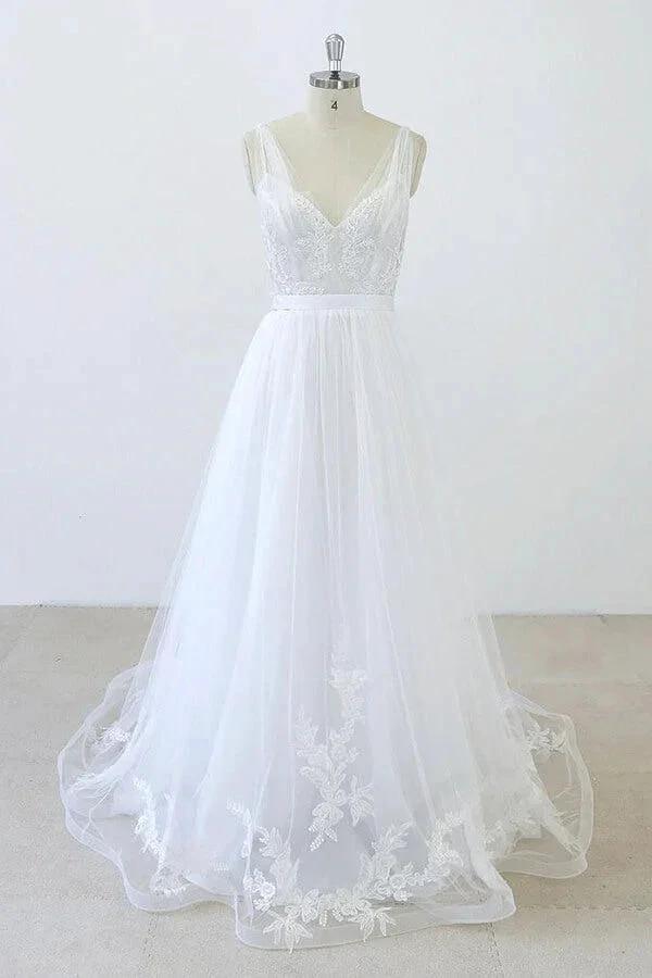 Long A-line V-neck Sweetheart Ruffle Applqiues Tulle Backless Wedding Dress by BIZTUNNEL