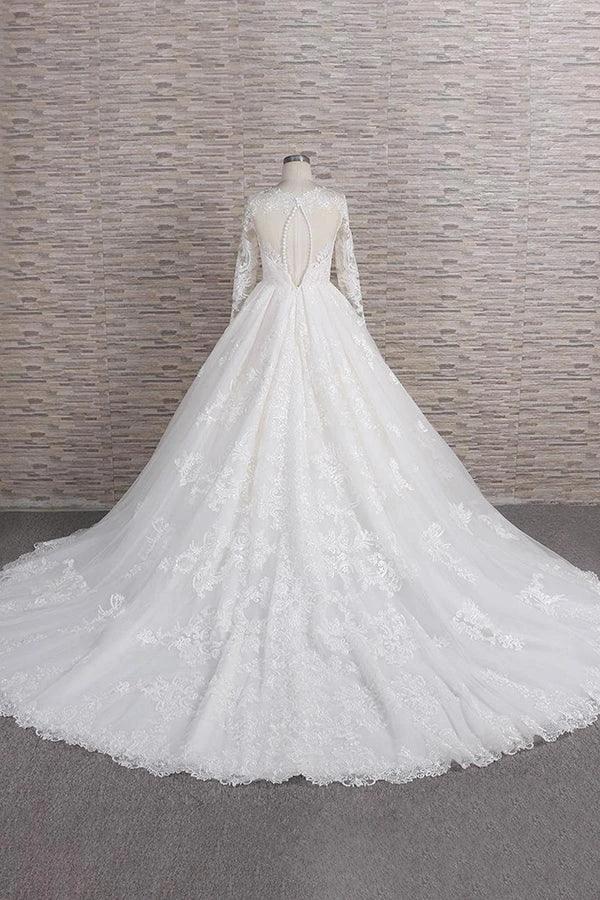 Long A-line V-neck Tulle Appliques Lace Wedding Dress with Sleeves by BIZTUNNEL