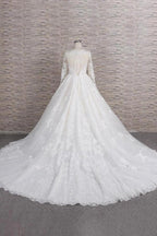 Long A-line V-neck Tulle Appliques Lace Wedding Dress with Sleeves by BIZTUNNEL