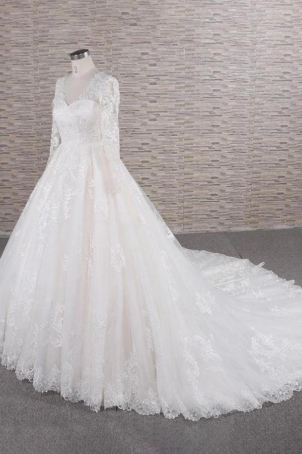 Long A-line V-neck Tulle Appliques Lace Wedding Dress with Sleeves by BIZTUNNEL