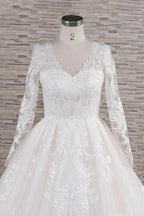 Long A-line V-neck Tulle Appliques Lace Wedding Dress with Sleeves by BIZTUNNEL