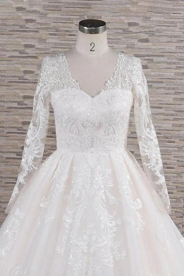 Long A-line V-neck Tulle Appliques Lace Wedding Dress with Sleeves by BIZTUNNEL