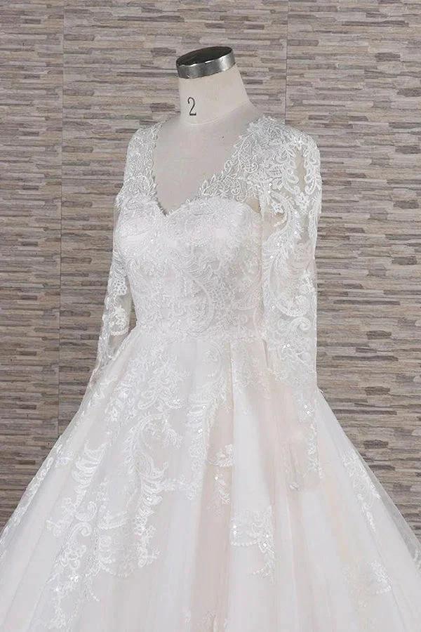 Long A-line V-neck Tulle Appliques Lace Wedding Dress with Sleeves by BIZTUNNEL