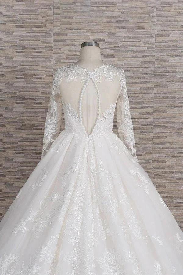 Long A-line V-neck Tulle Appliques Lace Wedding Dress with Sleeves by BIZTUNNEL