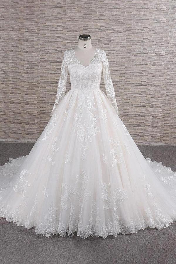 Long A-line V-neck Tulle Appliques Lace Wedding Dress with Sleeves by BIZTUNNEL