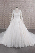 Long A-line V-neck Tulle Appliques Lace Wedding Dress with Sleeves by BIZTUNNEL