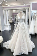 Long A-line V-neck Tulle Appliques Lace Wedding Dress by BIZTUNNEL