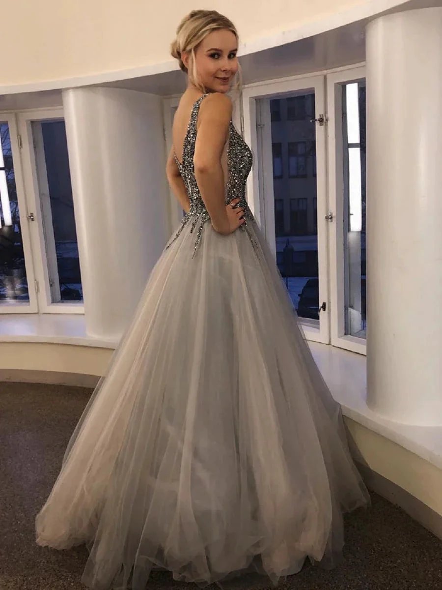 Long A-line V Neck Tulle Backless Beaded Prom Formal Graduation Evening Dresses by BIZTUNNEL