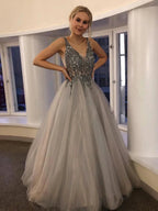 Long A-line V Neck Tulle Backless Beaded Prom Formal Graduation Evening Dresses by BIZTUNNEL