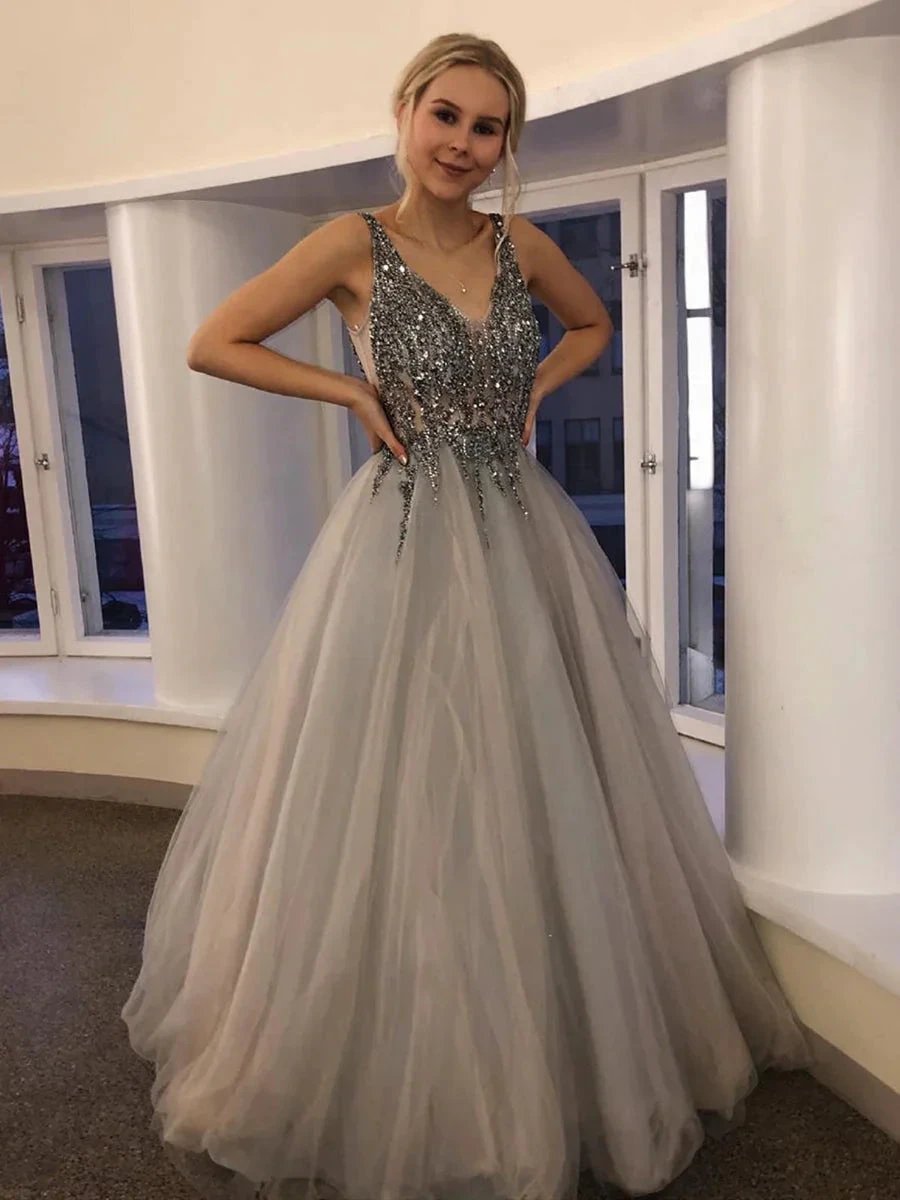 Long A-line V Neck Tulle Backless Beaded Prom Formal Graduation Evening Dresses by BIZTUNNEL