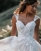 Long A-line V-neck Tulle Backless Lace Wedding Dress by BIZTUNNEL