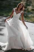 Long A-line V-neck Tulle Backless Lace Wedding Dress by BIZTUNNEL