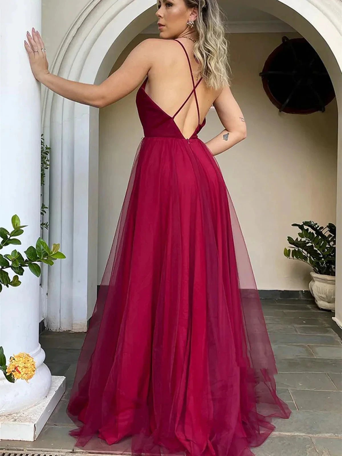 Long A-line V-neck Tulle Backless Prom Dress Burgundy Formal Evening Dresses by BIZTUNNEL
