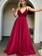 Long A-line V-neck Tulle Backless Prom Dress Burgundy Formal Evening Dresses by BIZTUNNEL