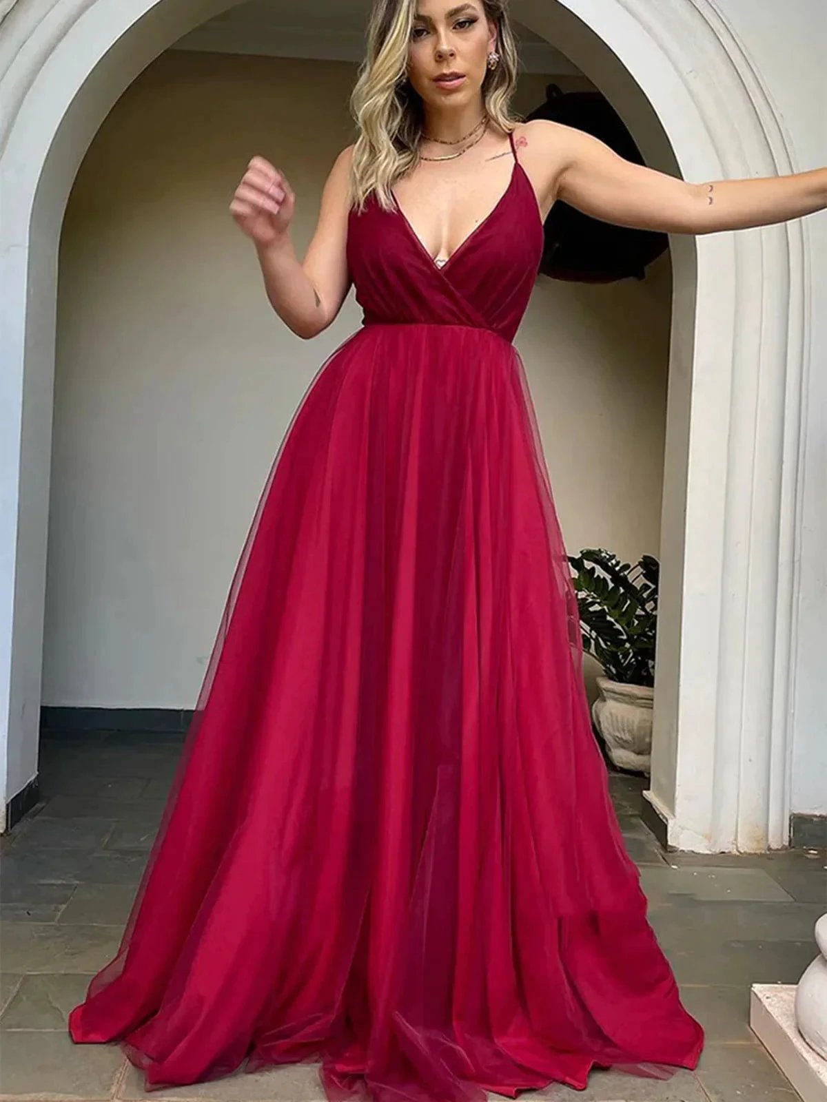 Long A-line V-neck Tulle Backless Prom Dress Burgundy Formal Evening Dresses by BIZTUNNEL