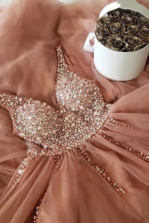Long A-line V-neck Tulle Beading Formal Evening Prom Dresses by BIZTUNNEL