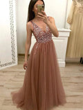 Long A-line V-neck Tulle Beading Formal Evening Prom Dresses by BIZTUNNEL