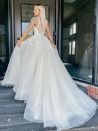 Long A-line V-neck Tulle Floral Lace Prom Dress Backless Formal Evening Dresses by BIZTUNNEL