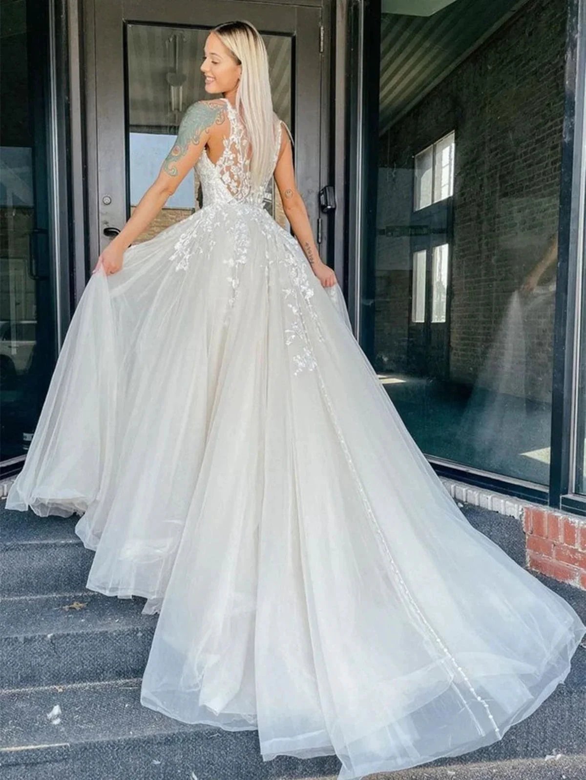 Long A-line V-neck Tulle Floral Lace Prom Dress Backless Formal Evening Dresses by BIZTUNNEL