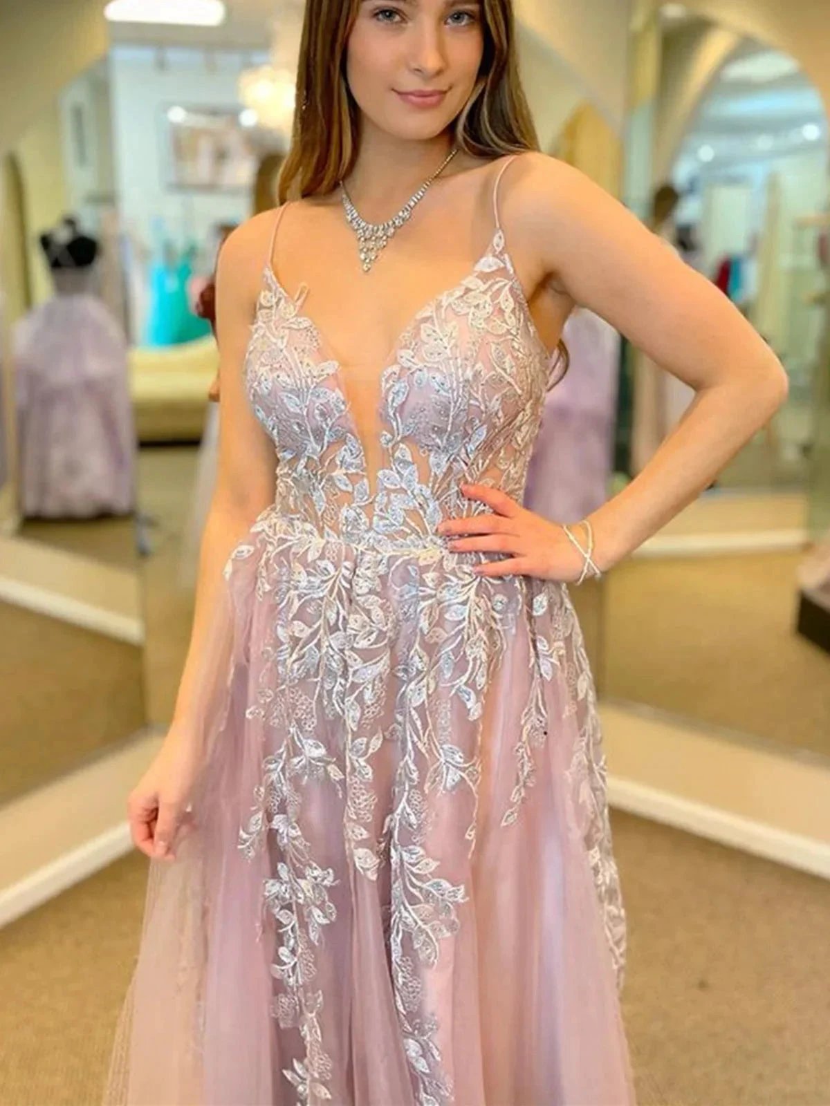 Long A-line V-neck Tulle Front Slit Formal Prom Dress with Lace Appliques by BIZTUNNEL