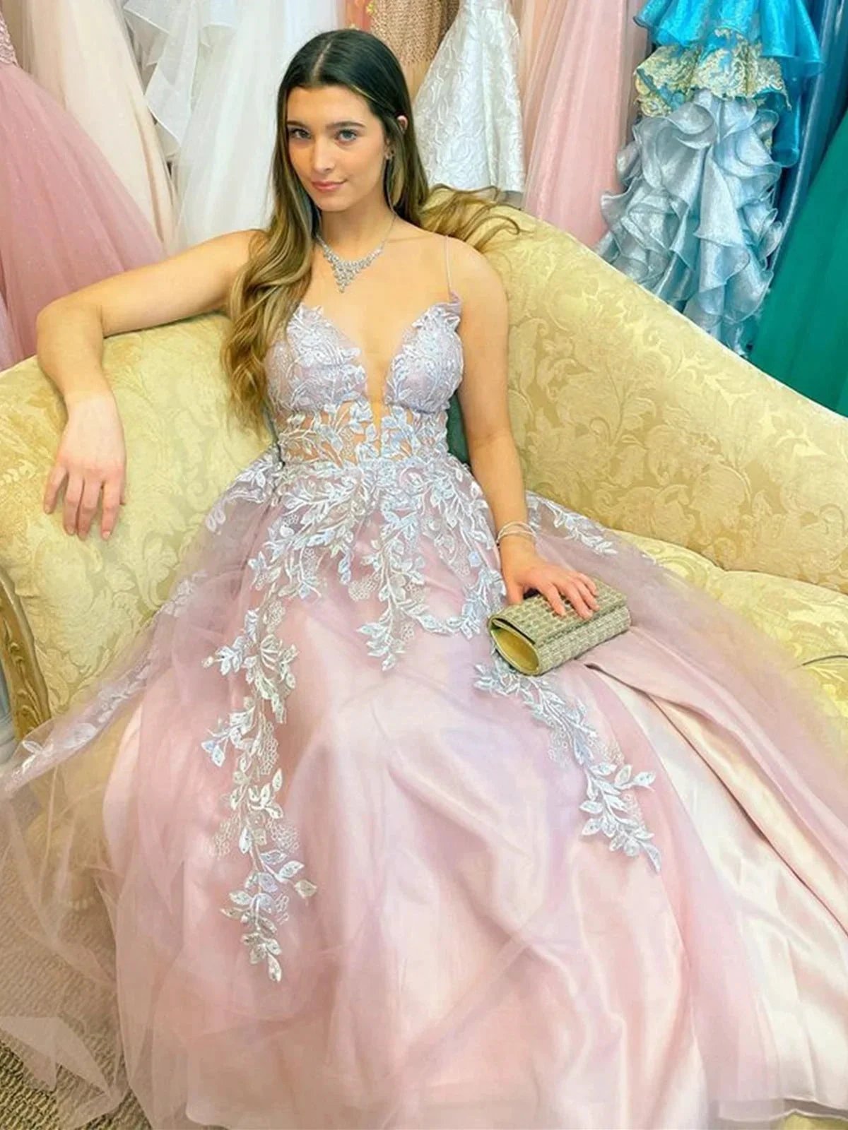 Long A-line V-neck Tulle Front Slit Formal Prom Dress with Lace Appliques by BIZTUNNEL