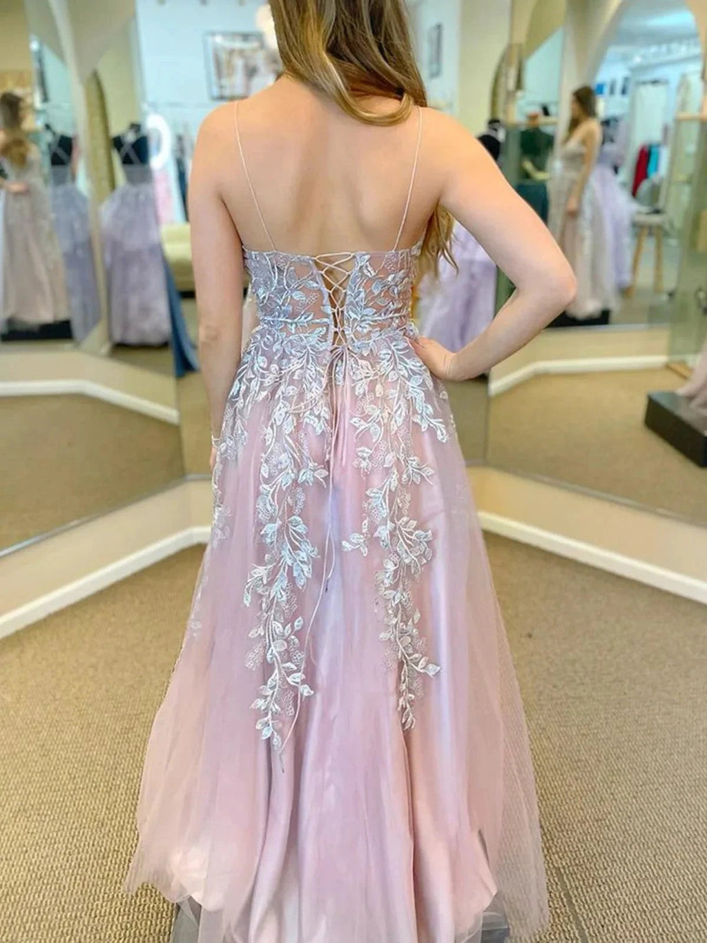 Long A-line V-neck Tulle Front Slit Formal Prom Dress with Lace Appliques by BIZTUNNEL