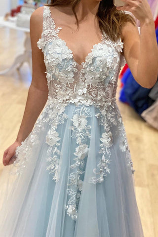 Vestidos de graduación formales con escote en V, tul, encaje y flores 3D