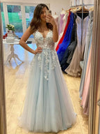 Long A Line V Neck Tulle Lace 3D Flowers Formal Graduation Prom Dresses by BIZTUNNEL