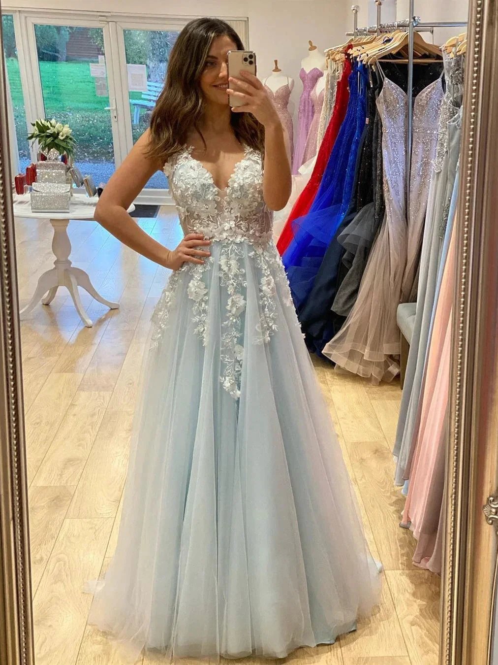 Long A Line V Neck Tulle Lace 3D Flowers Formal Graduation Prom Dresses by BIZTUNNEL