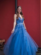 Long A-line V-neck Tulle Lace Appliques Formal Prom Dresses with Belt by BIZTUNNEL