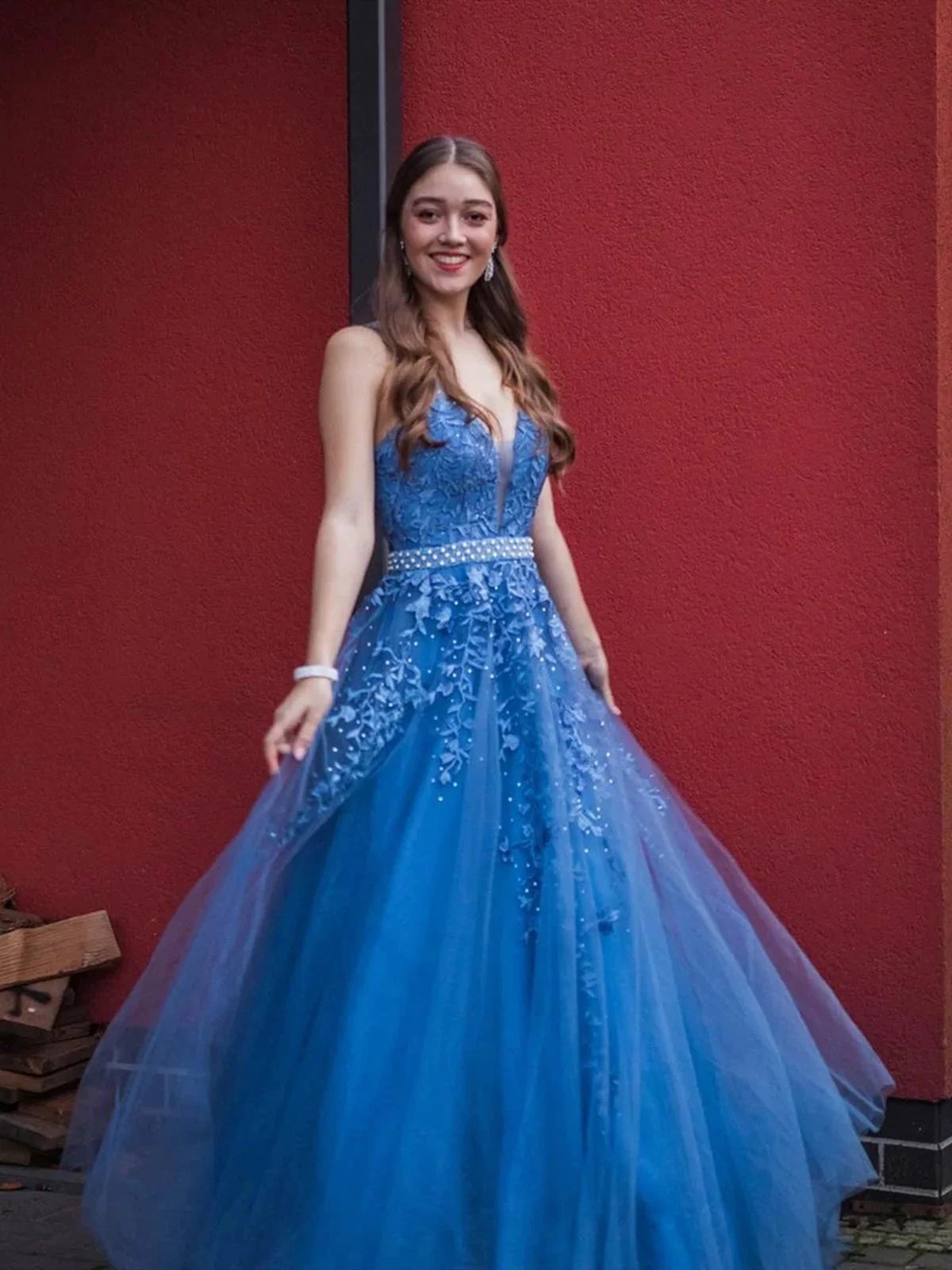 Long A-line V-neck Tulle Lace Appliques Formal Prom Dresses with Belt by BIZTUNNEL