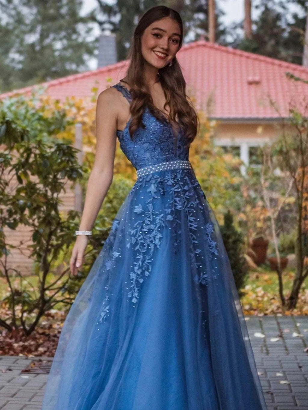Long A-line V-neck Tulle Lace Appliques Formal Prom Dresses with Belt by BIZTUNNEL