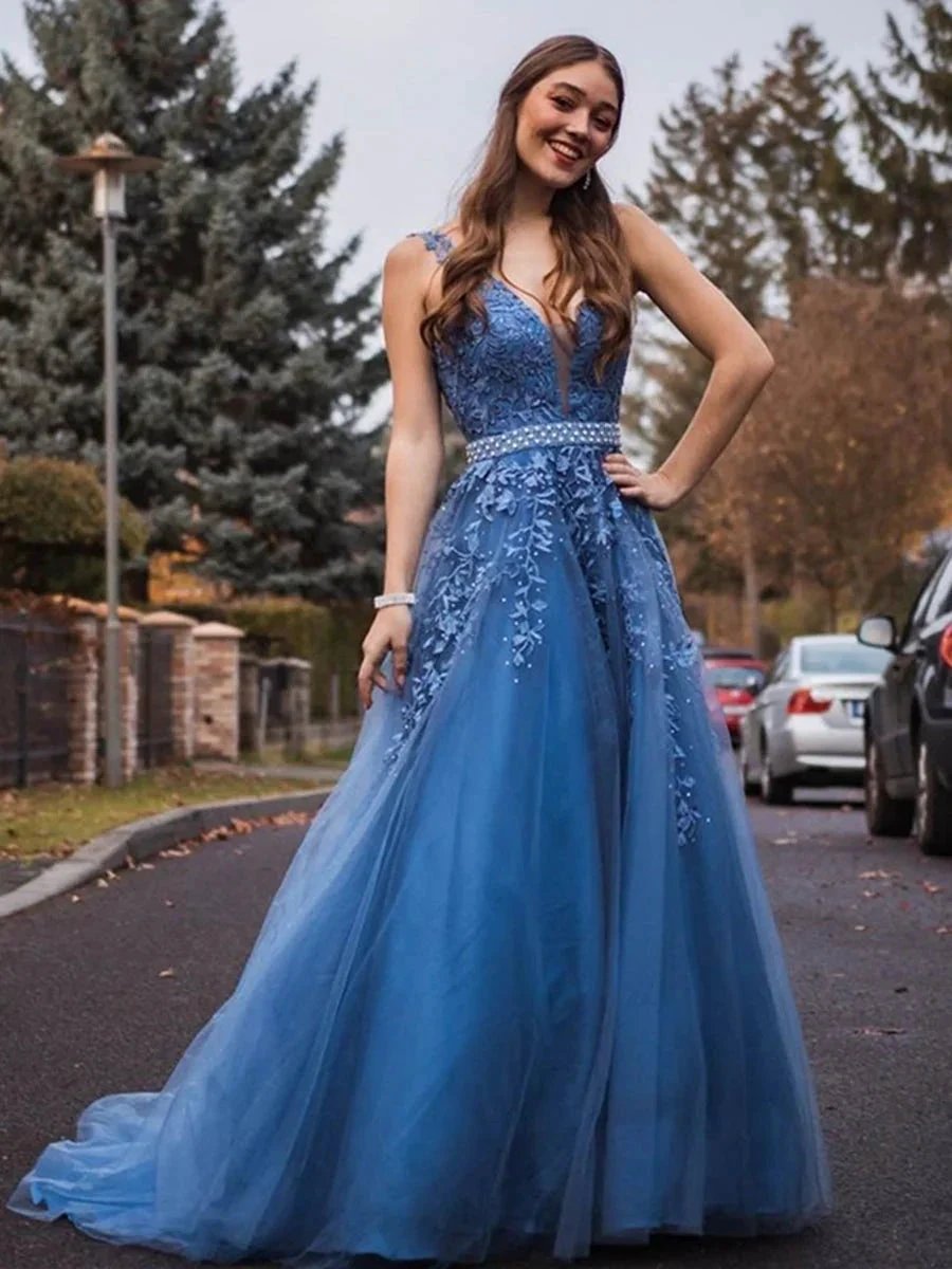 Long A-line V-neck Tulle Lace Appliques Formal Prom Dresses with Belt by BIZTUNNEL