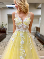 Long A-line V-neck Tulle Lace Appliques Graduation Formal Prom Dresses by BIZTUNNEL