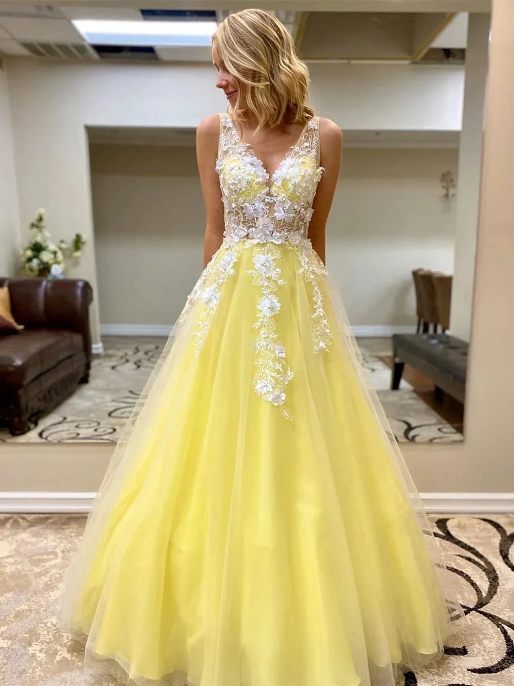 Long A-line V-neck Tulle Lace Appliques Graduation Formal Prom Dresses by BIZTUNNEL