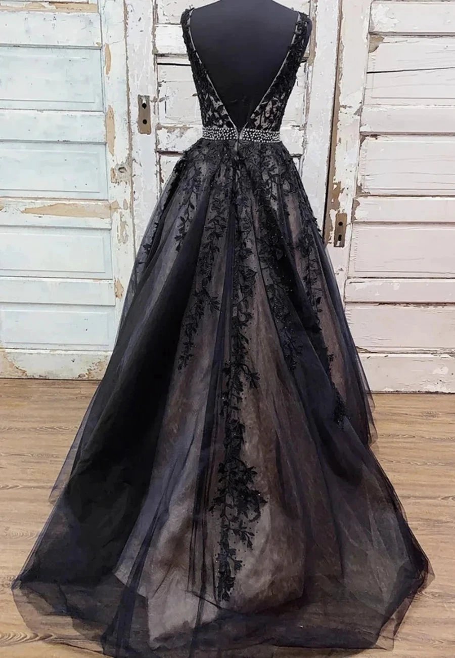 Long A-line V-neck Tulle Lace Backless Formal Evening Prom Dresses by BIZTUNNEL
