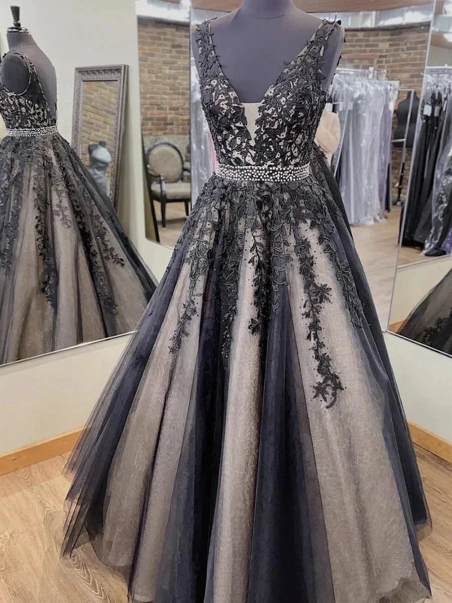 Long A-line V-neck Tulle Lace Backless Formal Evening Prom Dresses by BIZTUNNEL