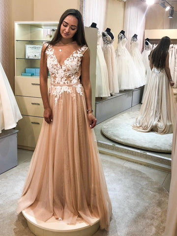 Vestidos largos de graduación formales con escote en V, tul, encaje floral