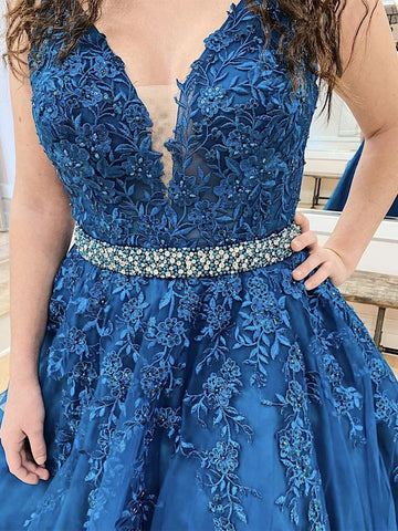 Long A-line V-neck Tulle Lace Floral Prom Dress Blue Formal Evening Dresses