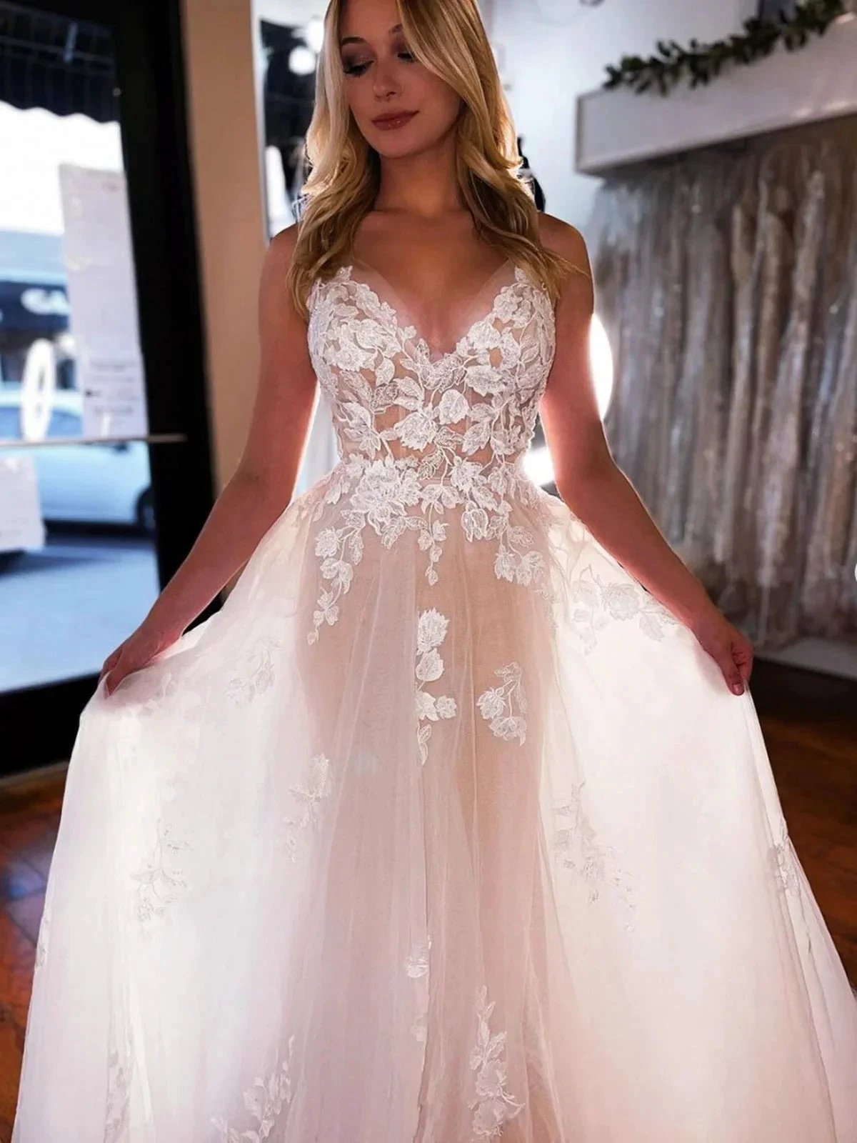 Long A-line V-neck Tulle Lace Floral Spaghetti Straps Backless Wedding Dresses by BIZTUNNEL