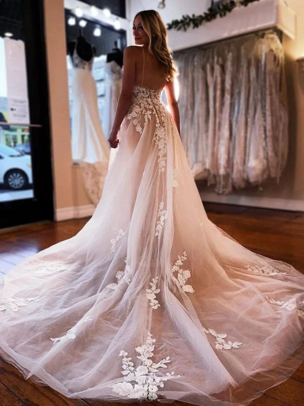 Long A-line V-neck Tulle Lace Floral Spaghetti Straps Backless Wedding Dresses by BIZTUNNEL