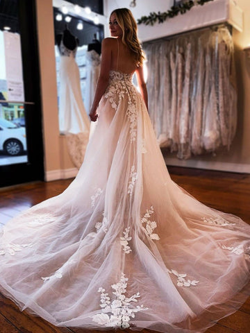 Long A-line V-neck Tulle Lace Floral Spaghetti Straps Backless Wedding Dresses