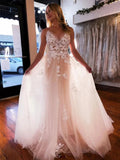 Long A-line V-neck Tulle Lace Floral Spaghetti Straps Backless Wedding Dresses by BIZTUNNEL