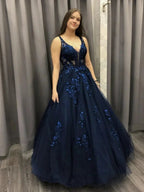 Long A-line V-neck Tulle Lace Formal Evening Dresses Dark Navy Prom Dresses by BIZTUNNEL