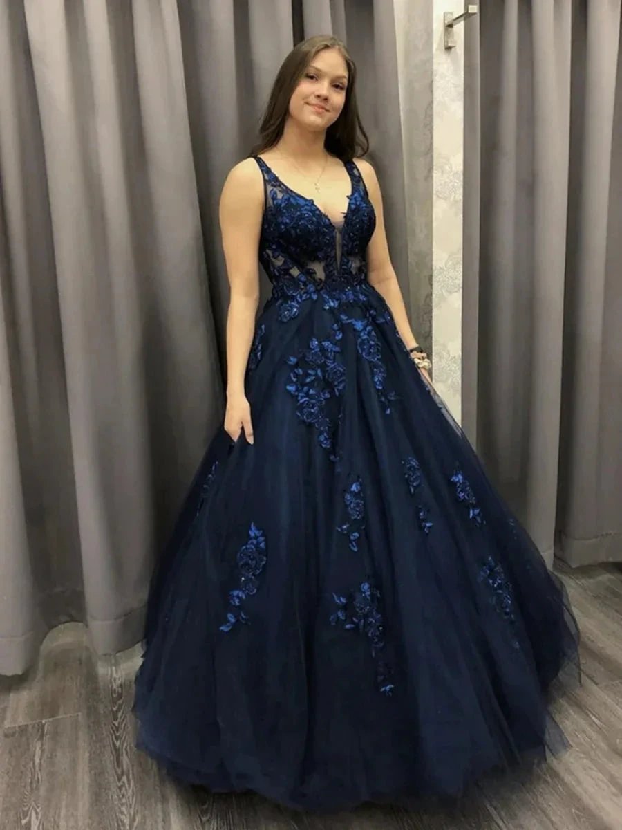 Long A-line V-neck Tulle Lace Formal Evening Dresses Dark Navy Prom Dresses by BIZTUNNEL