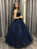 Long A-line V-neck Tulle Lace Formal Evening Dresses Dark Navy Prom Dresses by BIZTUNNEL