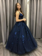 Long A-line V-neck Tulle Lace Formal Evening Dresses Dark Navy Prom Dresses by BIZTUNNEL
