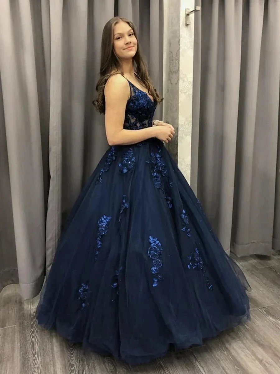 Long A-line V-neck Tulle Lace Formal Evening Dresses Dark Navy Prom Dresses by BIZTUNNEL
