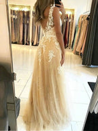 Long A-line v-neck Tulle Lace Prom Dress Champagne Backless Formal Graduation Evening Dresses by BIZTUNNEL