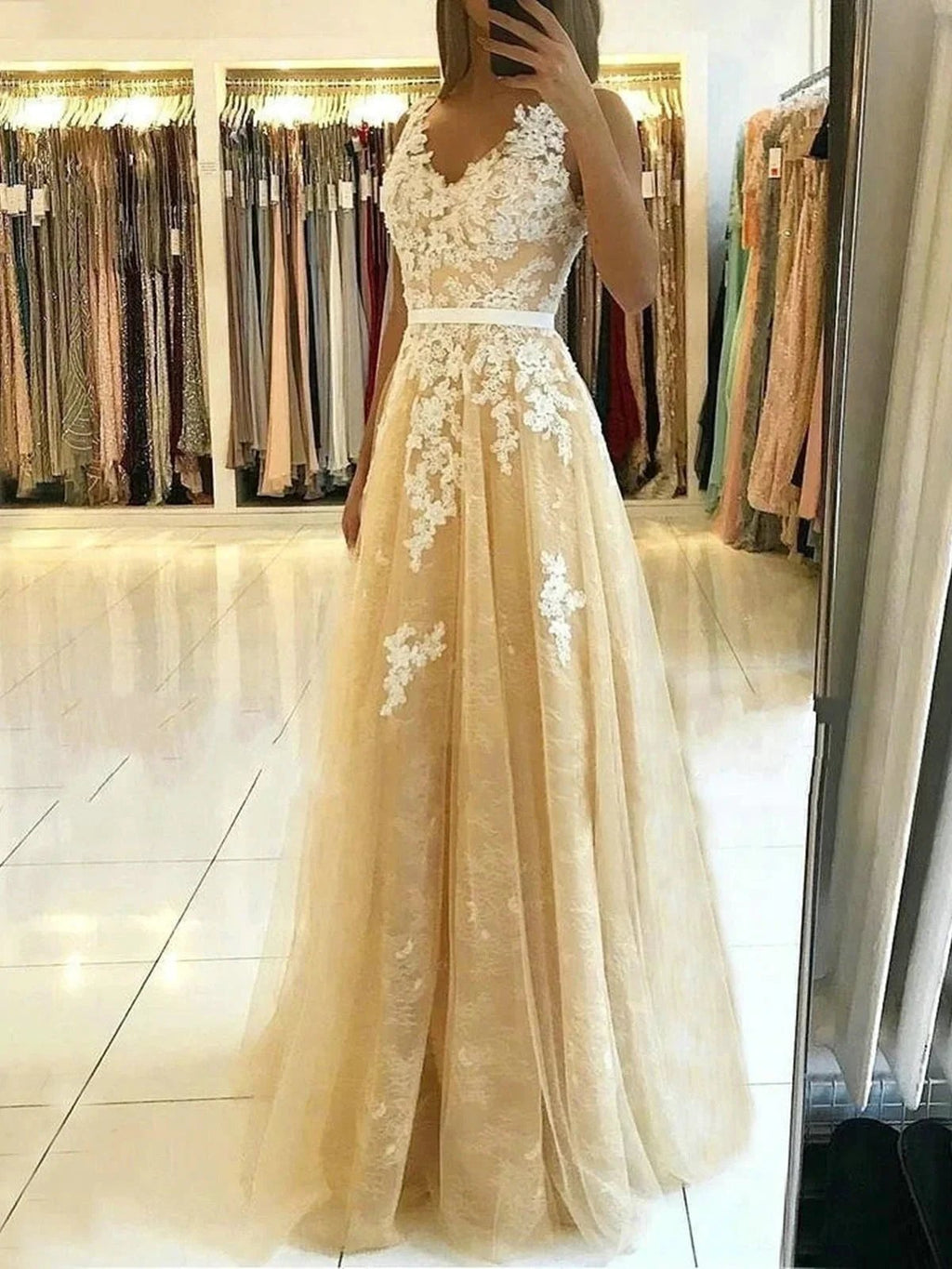 Long A-line v-neck Tulle Lace Prom Dress Champagne Backless Formal Graduation Evening Dresses by BIZTUNNEL
